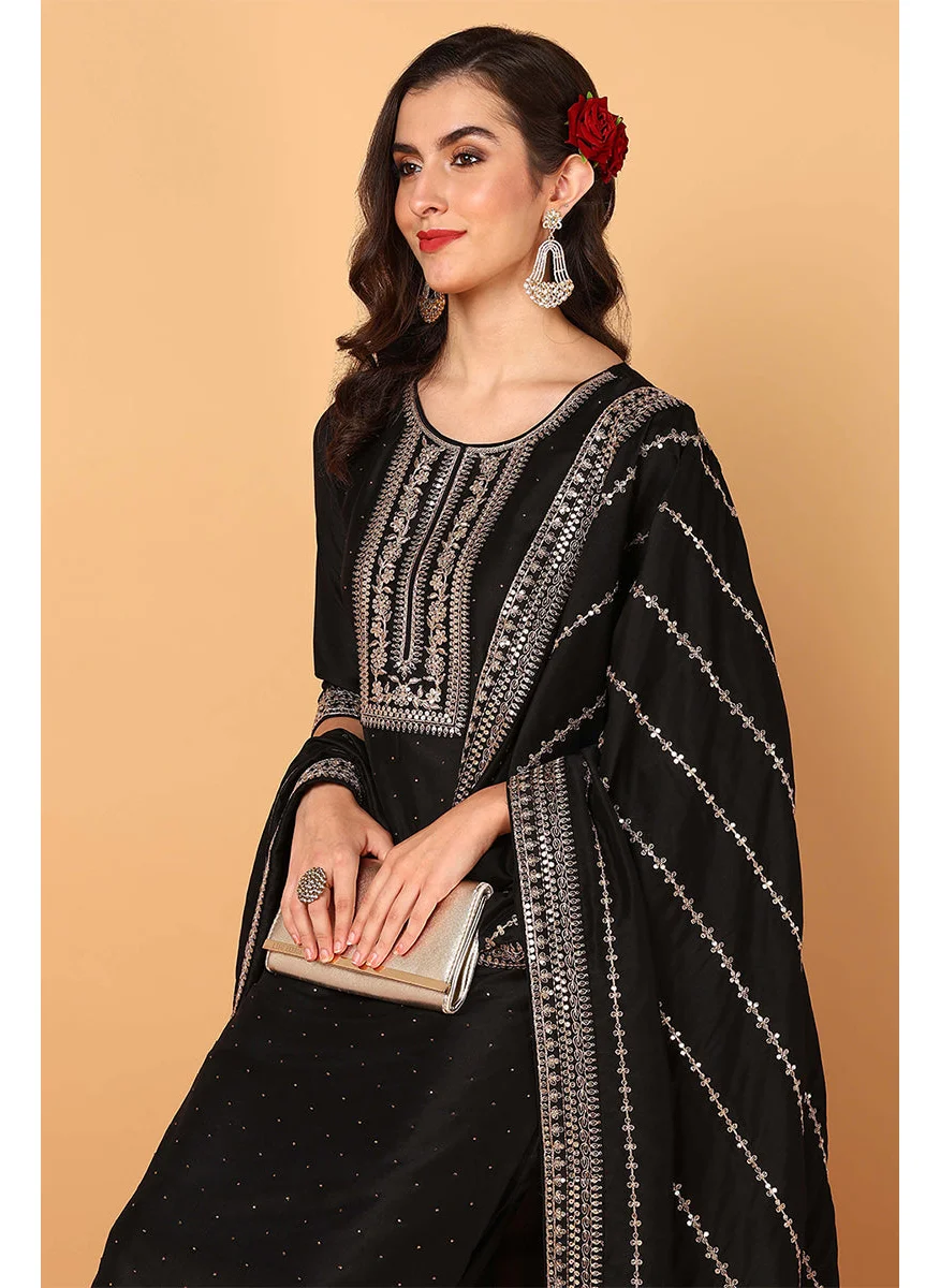 زيري سوق Black Silk Blend Solid Embroidered Straight 3-Piece Kurta Set