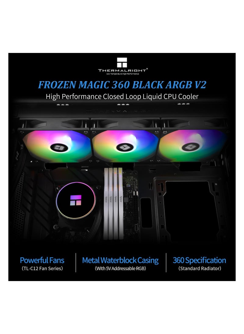 ثيرمالرايت مبرد وحدة المعالجة المركزية السائل Thermal right Frozen Magic 360 Black ARGB V2، حجم صف التبريد 360 مع 3 مراوح ARGB PWM 120 مم، لـ AMD/AM4/AM5، Intel LGA1150/1151/1200/2011/1700/1851، مبرد مياه لوحدة المعالجة المركزية لسطح المكتب - Image 2