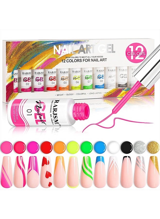 RARJSM Painted Nail Polish Set, 12 Colors Neon Pink Yellow Green Glitter Silver Gold Nail Art Painting Manicure Tools DIY Drawing Nail Gel for Line UV LED Required - Image 1