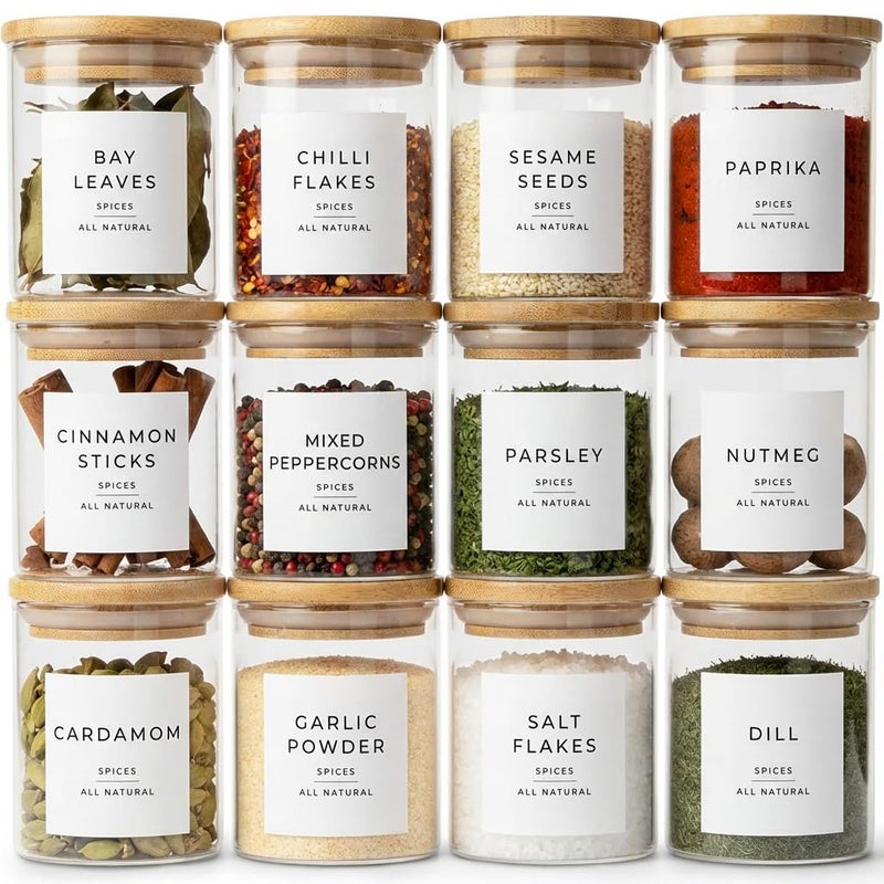 Livabl Glass Spice Jars with Labels-12 Pack- 6.8oz- 360 Labels- Spice Containers with Bamboo Lids -Spices Organization for Cabinet-Drawer-Rack-Seasoning containers-herbs- Organizer-Spices Bottles - Image 1
