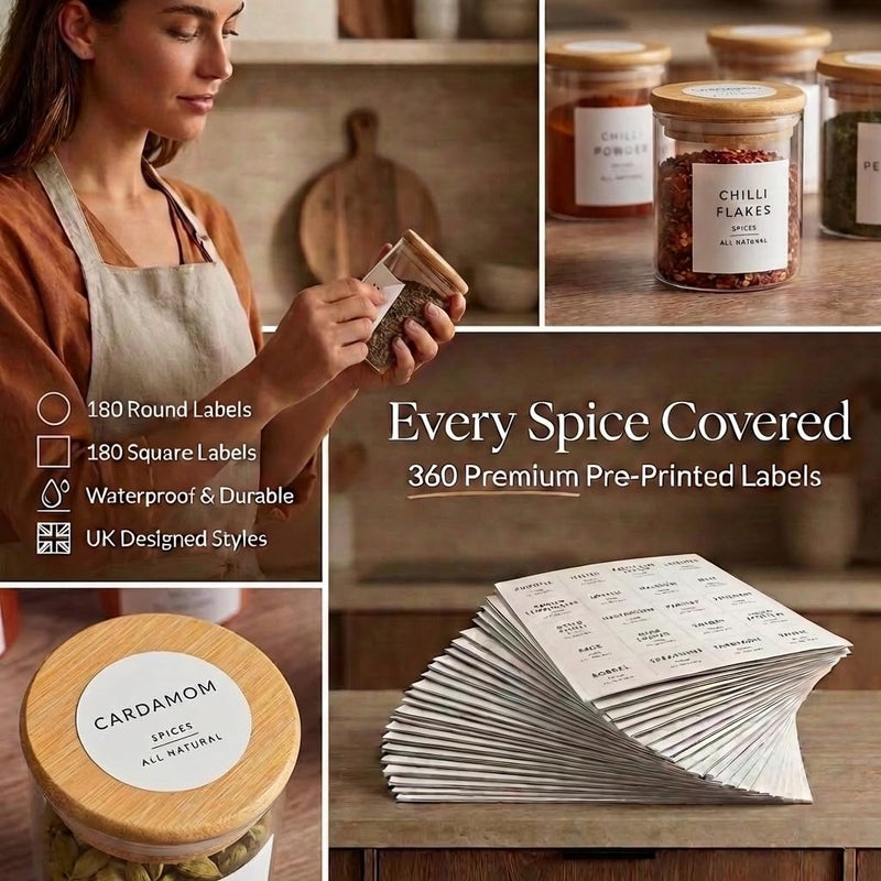 Livabl Glass Spice Jars with Labels-12 Pack- 6.8oz- 360 Labels- Spice Containers with Bamboo Lids -Spices Organization for Cabinet-Drawer-Rack-Seasoning containers-herbs- Organizer-Spices Bottles - Image 4