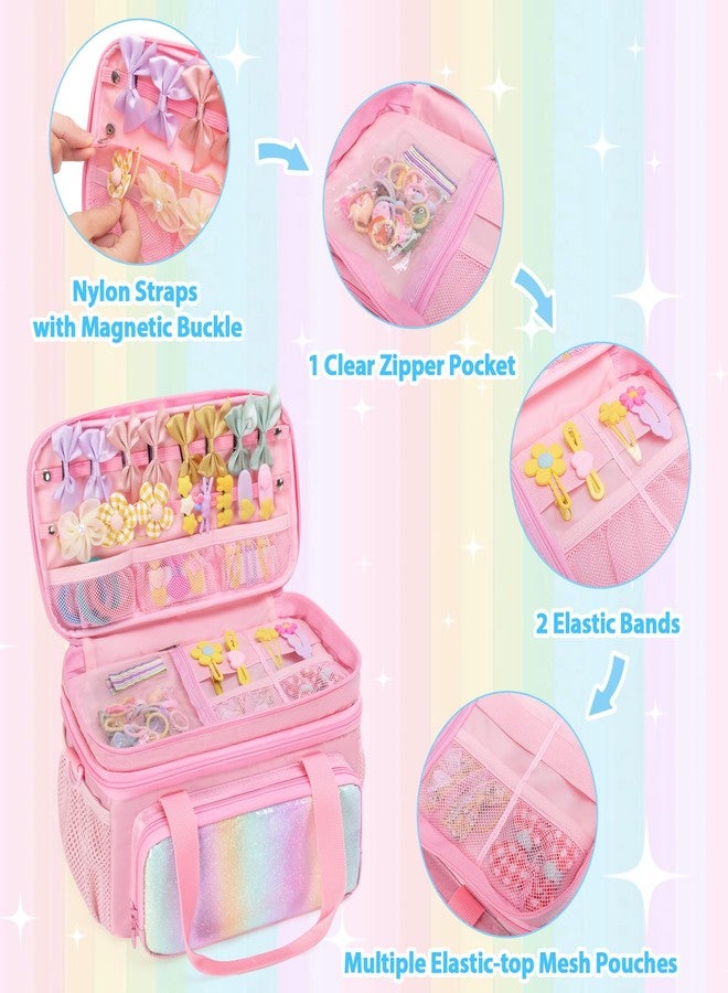GRAOSO Hair Bow Organizer for Baby Girls, Double Layer Hair Accessories Storage Bag, Rainbow Sequins Design, with Handle and Detachable Shoulder Strap (Case only) (Pink) - Image 3