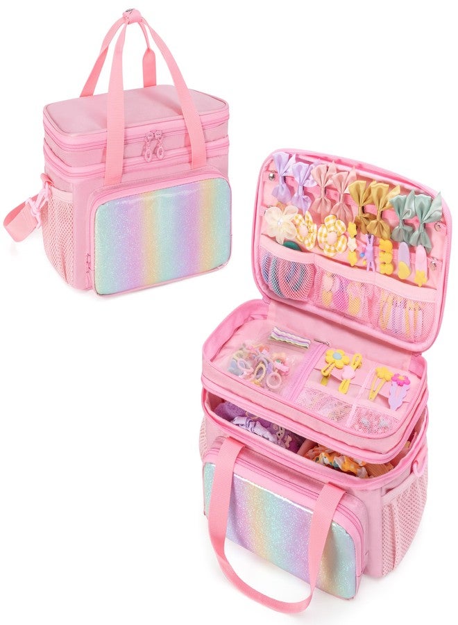 GRAOSO Hair Bow Organizer for Baby Girls, Double Layer Hair Accessories Storage Bag, Rainbow Sequins Design, with Handle and Detachable Shoulder Strap (Case only) (Pink) - Image 1
