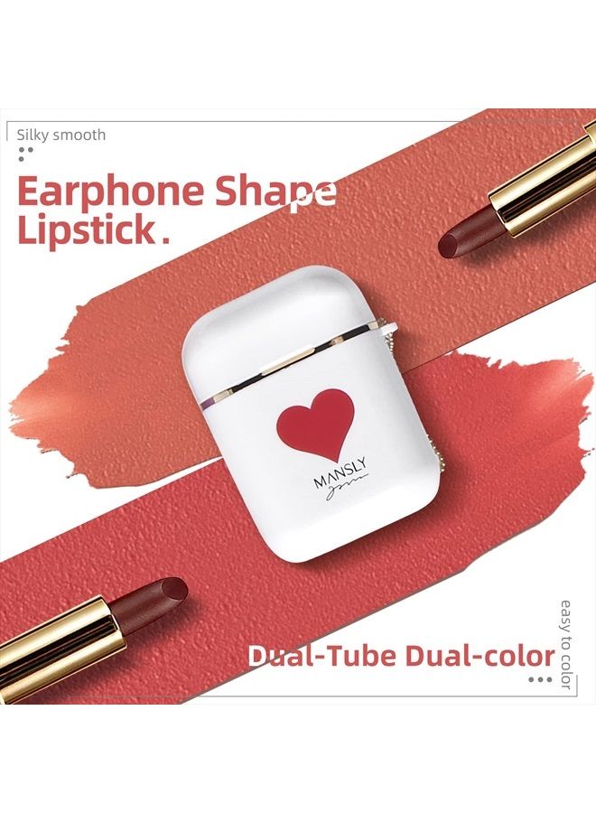 LAMUSELAND Matte Lipstick Makeup Set, 2Pc/Set Waterproof Long Lasting Velvet Moisturizing lip stain Earphone Dual-color Lip Gloss Primer, Non-stick Cup Lip Make Up Gift Kit for Girls (White) 