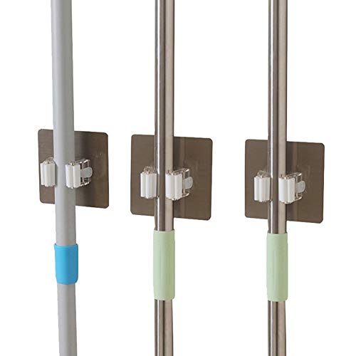 VIHAX Self Adhesive Mop Holder Wall Mounted Seamless Broom Hanger Clip Storage Racks, Wall Hanging Free Punch Bathroom Seamless Stickers Mop Rack Set (4) - Image 1