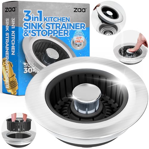 zaa Upgraded 3in1 Kitchen Sink Drain Strainer and Sink Stopper, Stainless Steel Kitchen Drain Plug & Cover with Anti-Clogging Basket Strainer, Fit US Standard 3-1/2'' Sink Drain Hole, Brushed Black - Image 1
