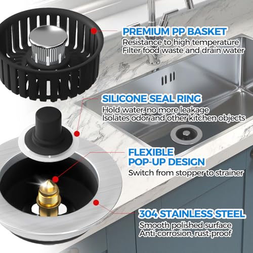 zaa Upgraded 3in1 Kitchen Sink Drain Strainer and Sink Stopper, Stainless Steel Kitchen Drain Plug & Cover with Anti-Clogging Basket Strainer, Fit US Standard 3-1/2'' Sink Drain Hole, Brushed Black - Image 5