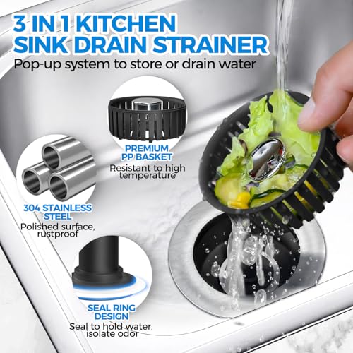 zaa Upgraded 3in1 Kitchen Sink Drain Strainer and Sink Stopper, Stainless Steel Kitchen Drain Plug & Cover with Anti-Clogging Basket Strainer, Fit US Standard 3-1/2'' Sink Drain Hole, Brushed Black - Image 2