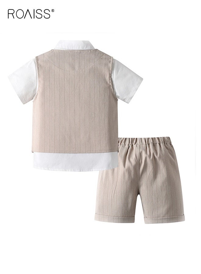 roaiss 4 Piece Comortable Clothing Set for Toddler Boys, Little Gentleman Short Sleeve Button Shirt, Shorts and Vest Set with Bow Tie, Formal Outfit for Summer, Suitable for Wedding Ceremonies, Performances and Formal Activities - Image 2