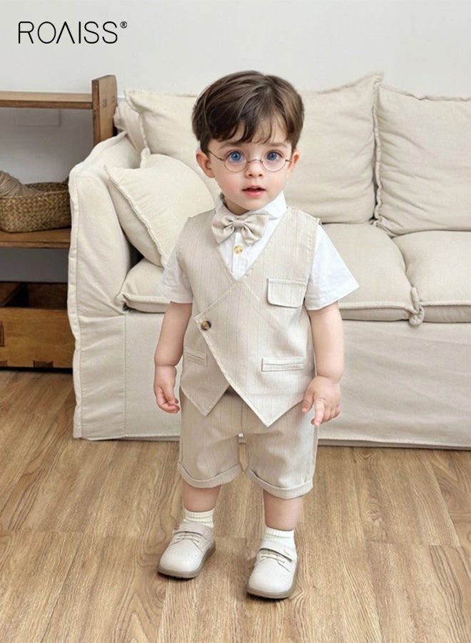 roaiss 4 Piece Comortable Clothing Set for Toddler Boys, Little Gentleman Short Sleeve Button Shirt, Shorts and Vest Set with Bow Tie, Formal Outfit for Summer, Suitable for Wedding Ceremonies, Performances and Formal Activities - Image 4