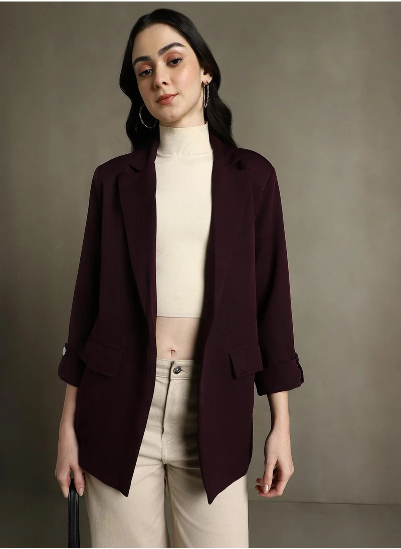 Dennis Lingo Women's Wine 100% Polyester Solid Regular Fit Blazer
