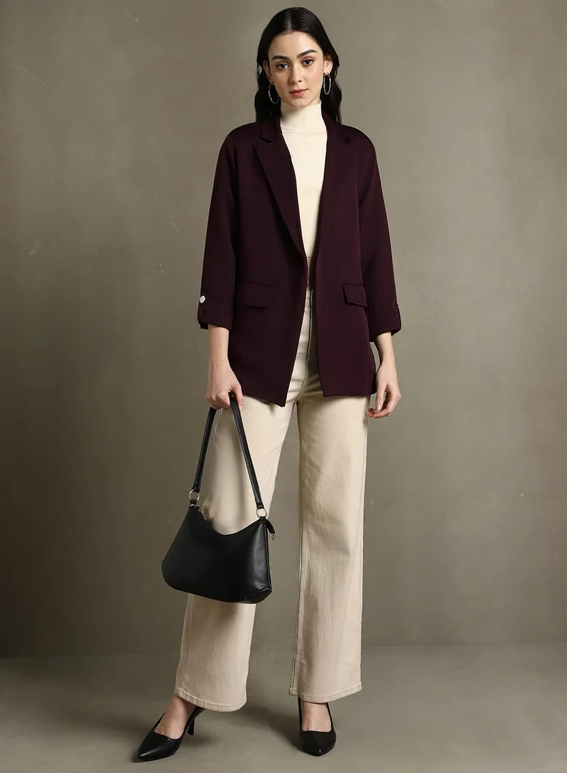 Dennis Lingo Women's Wine 100% Polyester Solid Regular Fit Blazer