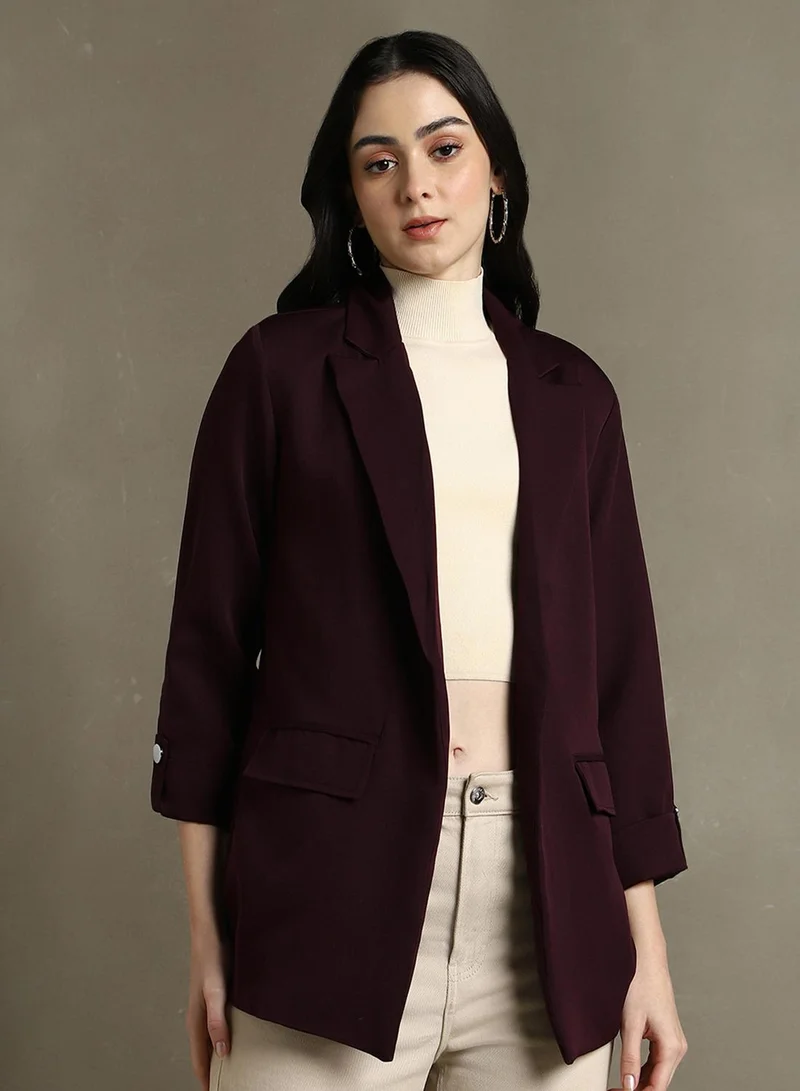 Dennis Lingo Women's Wine 100% Polyester Solid Regular Fit Blazer