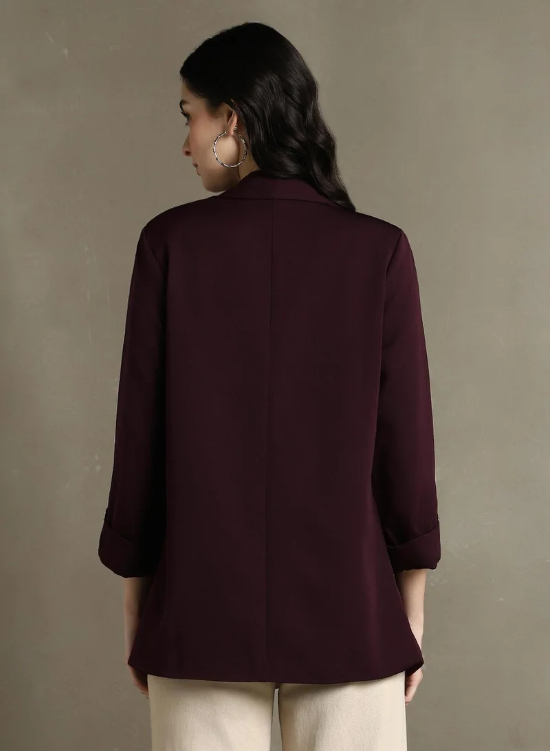 Dennis Lingo Women's Wine 100% Polyester Solid Regular Fit Blazer