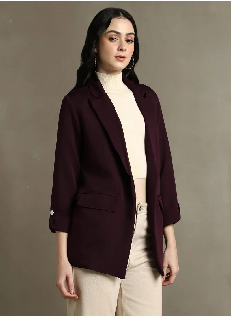 Dennis Lingo Women's Wine 100% Polyester Solid Regular Fit Blazer