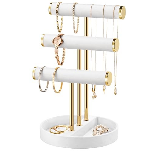 bussdis Bracelet Holder Jewelry Organizer Display 3 Tier T Bar Velvet Stand White Necklace Holder Organizer Bracelet Holder Earring Holder and Ring Display for Jewelry Organizers and Storage - Image 1
