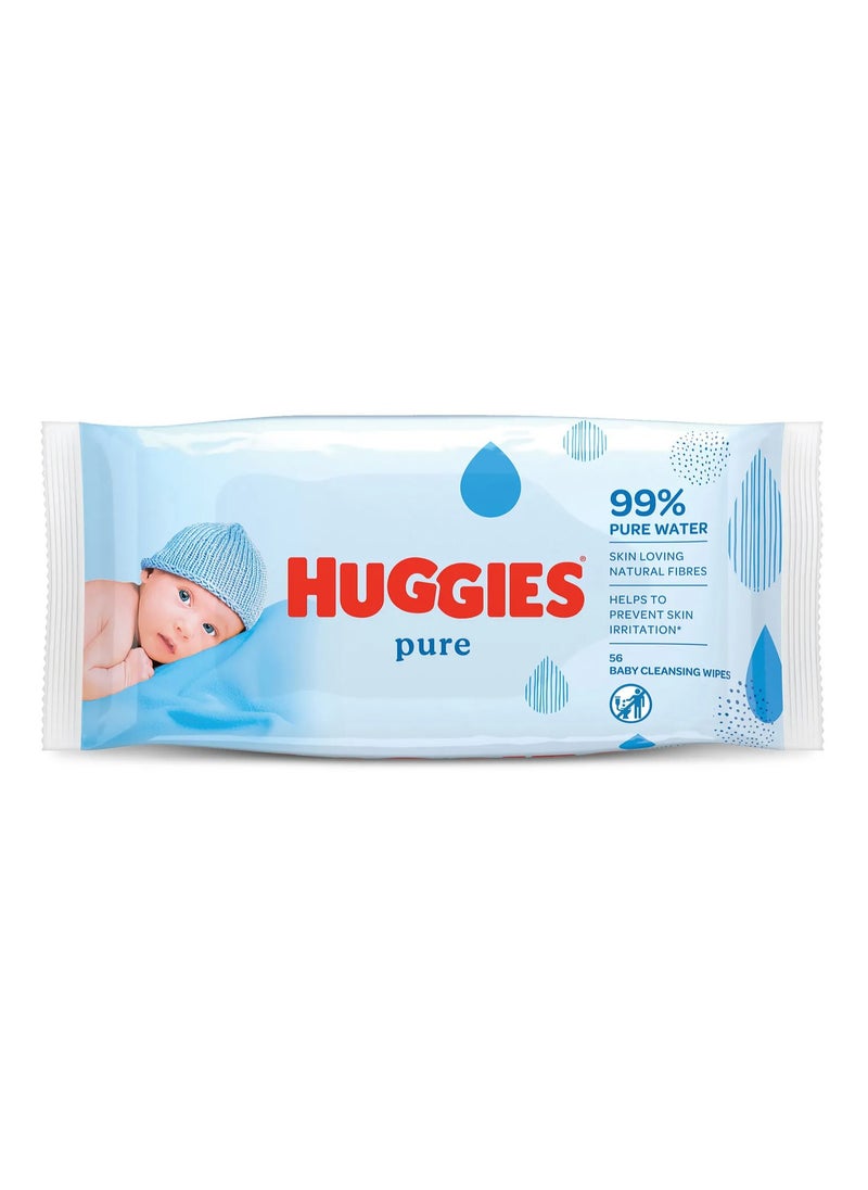 Huggies Huggies Pure Water Baby Wipes, Hypoallergenic & Free from Alcohol, 56 Unscented Wet Wipes for Sensitive Skin 