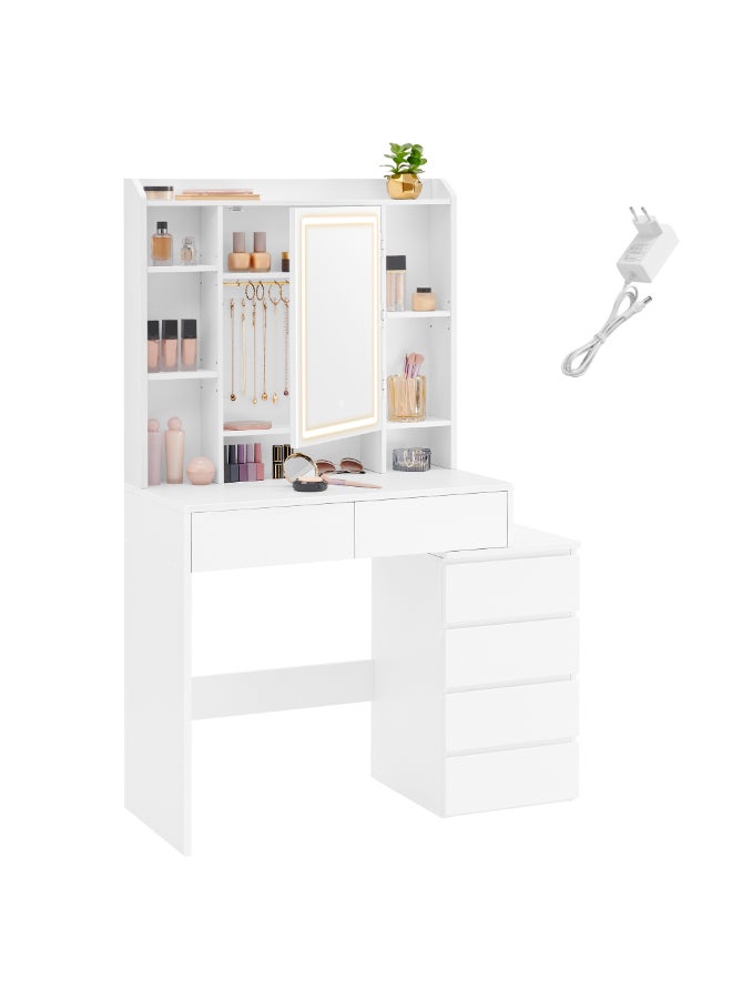 VASAGLE طاولة زينة فاساجل مع أضواء LED، سطوع قابل للتعديل، 40 × 97.5 × 145 سم، مكتب مكياج حديث، طاولة زينة مع مرآة، أدراج، حجرات مفتوحة، رفوف قابلة للتعديل، أبيض سحابي - Image 1