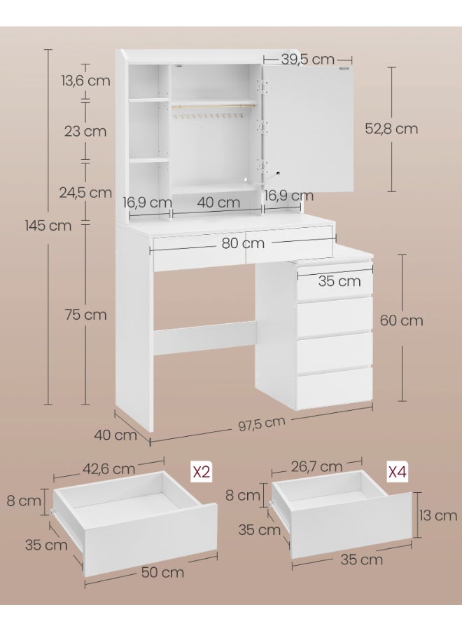 VASAGLE طاولة زينة فاساجل مع أضواء LED، سطوع قابل للتعديل، 40 × 97.5 × 145 سم، مكتب مكياج حديث، طاولة زينة مع مرآة، أدراج، حجرات مفتوحة، رفوف قابلة للتعديل، أبيض سحابي - Image 5