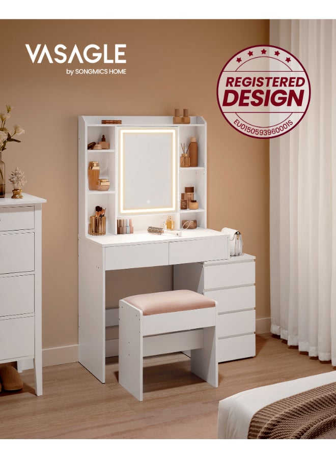 VASAGLE طاولة زينة فاساجل مع أضواء LED، سطوع قابل للتعديل، 40 × 97.5 × 145 سم، مكتب مكياج حديث، طاولة زينة مع مرآة، أدراج، حجرات مفتوحة، رفوف قابلة للتعديل، أبيض سحابي - Image 2