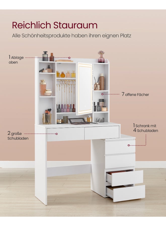VASAGLE طاولة زينة فاساجل مع أضواء LED، سطوع قابل للتعديل، 40 × 97.5 × 145 سم، مكتب مكياج حديث، طاولة زينة مع مرآة، أدراج، حجرات مفتوحة، رفوف قابلة للتعديل، أبيض سحابي - Image 4