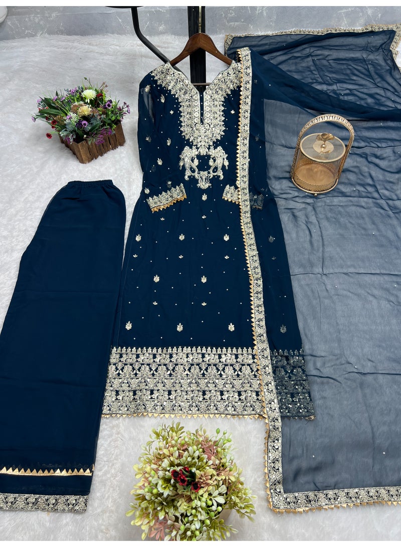 Super Asian Designer Heavy Blooming Faux Georgette Palazzo Set for Women with Fancy Embroidery, Sequence, Coding & Riveted Moti Work – Fully Stitched  - Image 3