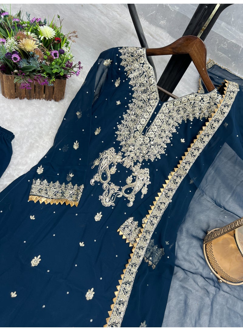 Super Asian Designer Heavy Blooming Faux Georgette Palazzo Set for Women with Fancy Embroidery, Sequence, Coding & Riveted Moti Work – Fully Stitched  - Image 4