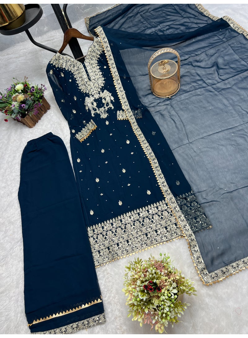 Super Asian Designer Heavy Blooming Faux Georgette Palazzo Set for Women with Fancy Embroidery, Sequence, Coding & Riveted Moti Work – Fully Stitched  - Image 5