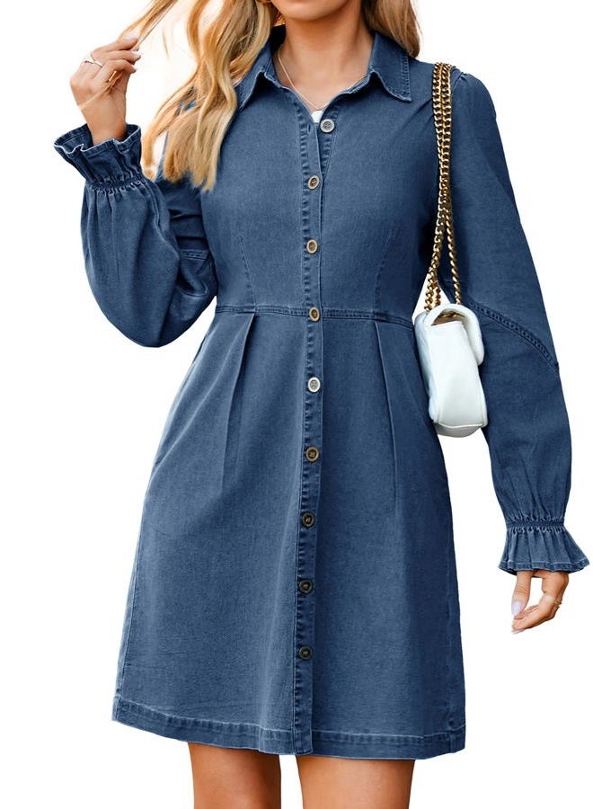SIMPLEE Womens Denim Dress Long Sleeve 2025 Fall Western Outfit Babydoll Button Down Mini Jean Dresses Trendy with Pockets, Denim Dark Blue, L - Image 1