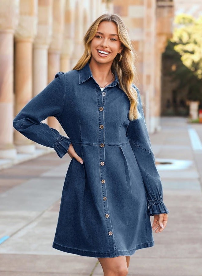 SIMPLEE Womens Denim Dress Long Sleeve 2025 Fall Western Outfit Babydoll Button Down Mini Jean Dresses Trendy with Pockets, Denim Dark Blue, L - Image 3