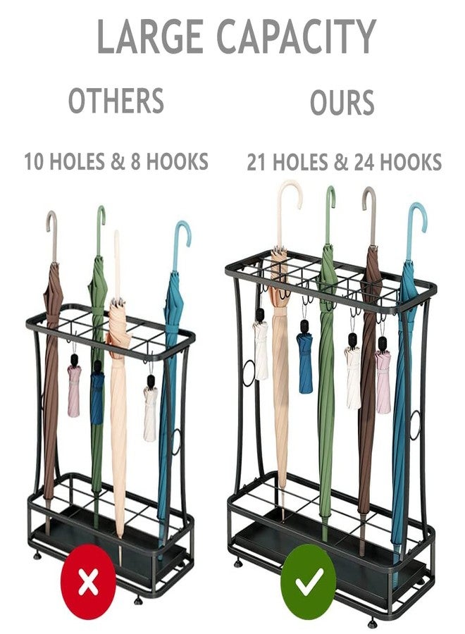 حامل مظلات معدني من تونشين مع صينية تجميع قابلة للإزالة، 21 فتحة و24 خطافًا، لتخزين المظلات، ديكور قائم بذاته للاستخدام الداخلي والخارجي، للمنزل أو المكتب أو المدخل (أسود). - Image 4