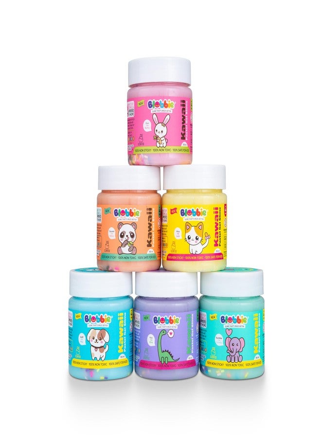 Blobbie® Kawaii Pastel Gel Slime Set of 6|Free 3D Kawaii Character Stickers | Dumbo Lucy Max Dino Balloo Bunny | Scented | 130 ml x 6 = 780 ml |100% Non-Sticky | 100% Non-Toxic | for Age 4+ Years - Image 1