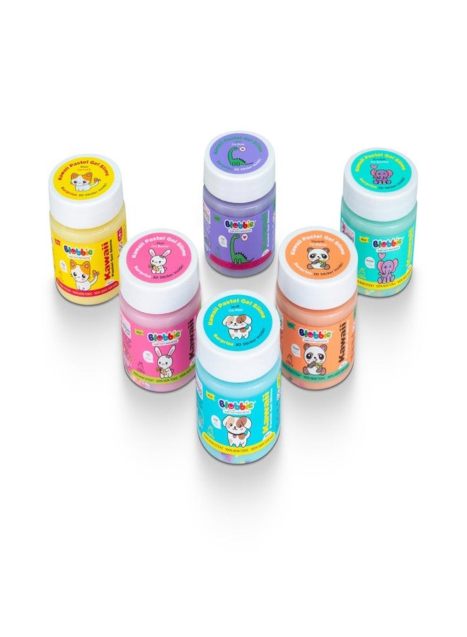 Blobbie® Kawaii Pastel Gel Slime Set of 6|Free 3D Kawaii Character Stickers | Dumbo Lucy Max Dino Balloo Bunny | Scented | 130 ml x 6 = 780 ml |100% Non-Sticky | 100% Non-Toxic | for Age 4+ Years - Image 2