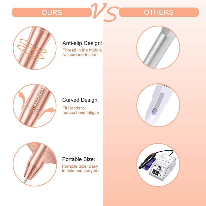 COSITTE Electric Nail Drill, USB Electric Nail Drill Machine for Acrylic Nails, Portable Electrical Nail File Polishing Tool Manicure Pedicure Efile Nail Supplies for Home and Salon Use, Gold - Image 3