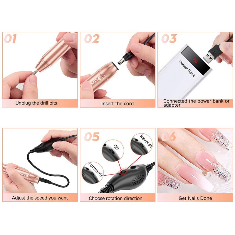 COSITTE Electric Nail Drill, USB Electric Nail Drill Machine for Acrylic Nails, Portable Electrical Nail File Polishing Tool Manicure Pedicure Efile Nail Supplies for Home and Salon Use, Gold - Image 4