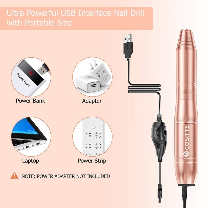 COSITTE Electric Nail Drill, USB Electric Nail Drill Machine for Acrylic Nails, Portable Electrical Nail File Polishing Tool Manicure Pedicure Efile Nail Supplies for Home and Salon Use, Gold - Image 2