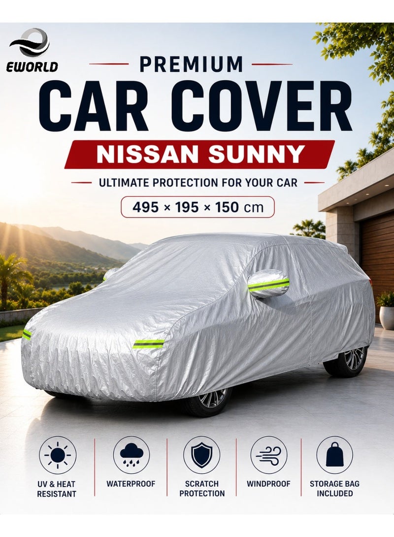 إي وورلد غطاء سيارة كامل مقاوم للماء والأشعة فوق البنفسجية لسيارة Nissan Sunny، حماية خارجية ضد الغبار، فضي - Image 1