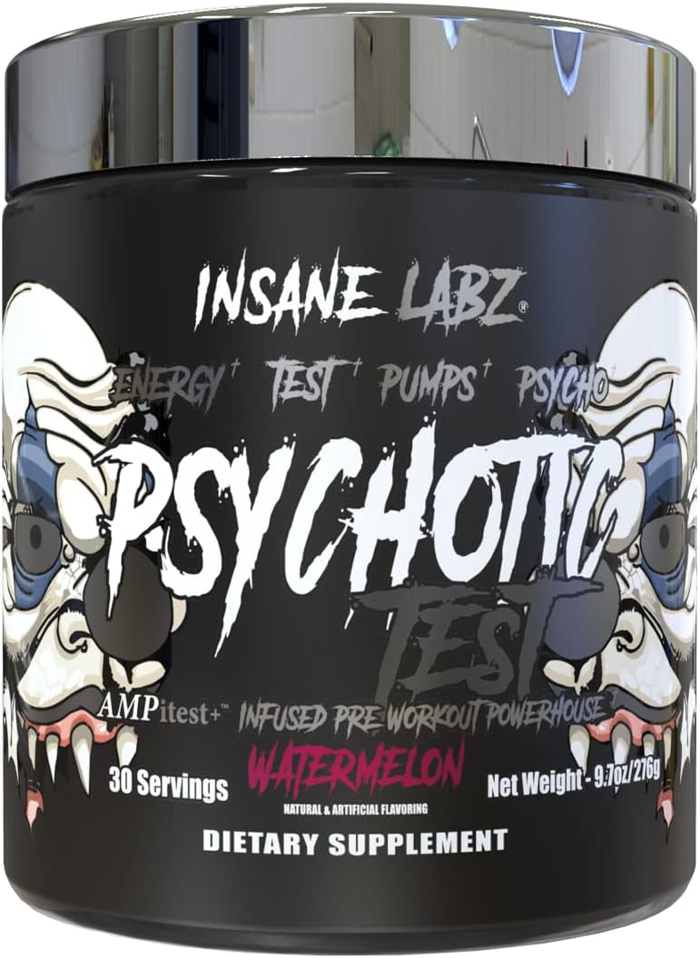 Insane Labz Psychotic Test High Stim Testosterone Energy and Pump Boosting PreWorkout Powder with DMAE Bitartrate D Aspartic Acid Creatine HCL and Glycerol Monostearate 30 Servings Watermelon - Image 1