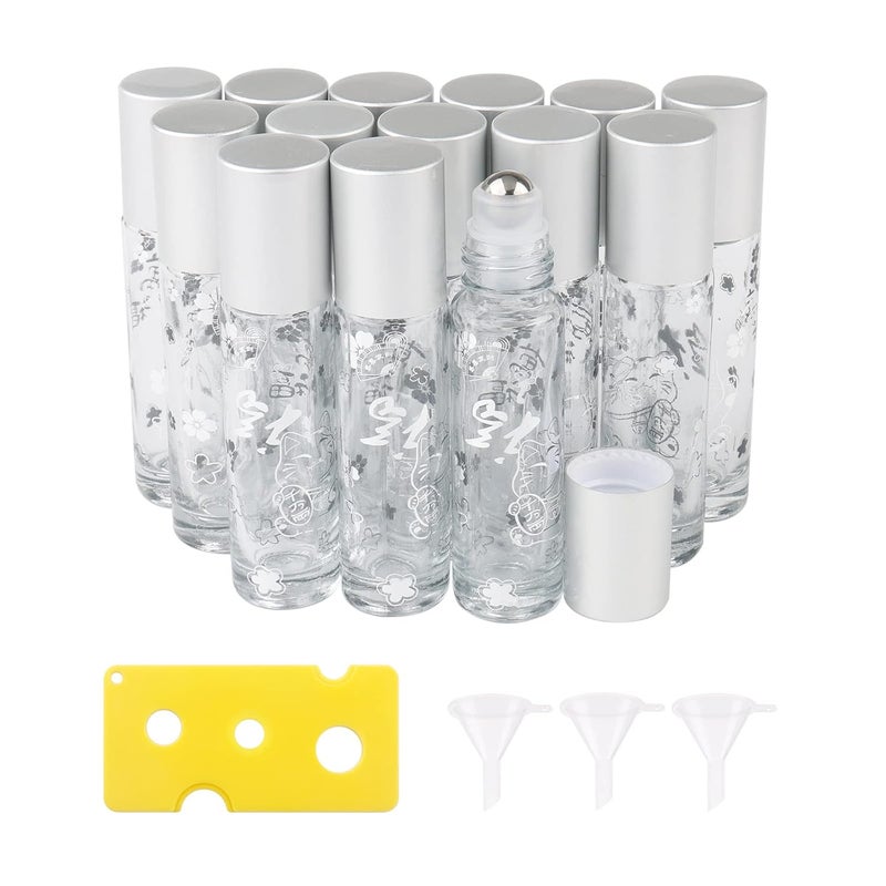 NewZoll 14Pcs Essential Oil Roller Bottles, 10ml Thick Glass Roll on Bottles Lucky Cat Massage Glass Roller Bottles Vials Tubes Containers for Perfumes Aromatherapy Lip Balms, Matte Silver Cap 