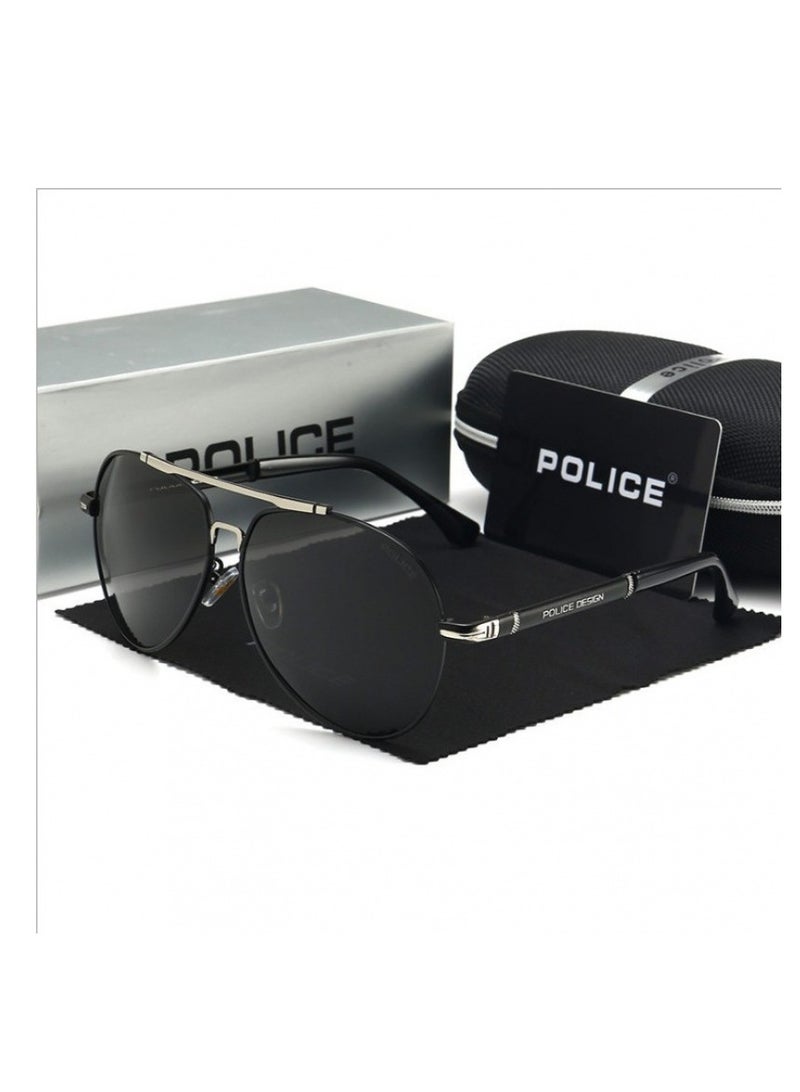 POLICE Classic Pilot Polarized Lens Sunglasses,Cycling Sunglasses, Grey Lenses with Black Frames for Men - Image 1
