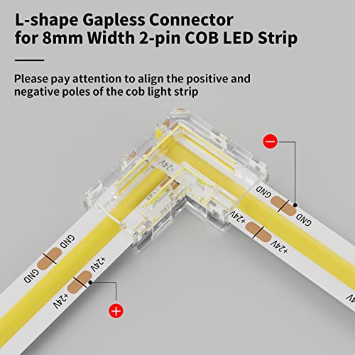 PAUTIX 8mm COB Connector 8pcs L-Shaped/Corner Connector,Unwired Clips Solderless Adapter Terminal Extension Connection,2pcs Transparent Gapless Connectors for 2-Pin COB LED Strip Lights,NOT for 10mm - Image 2
