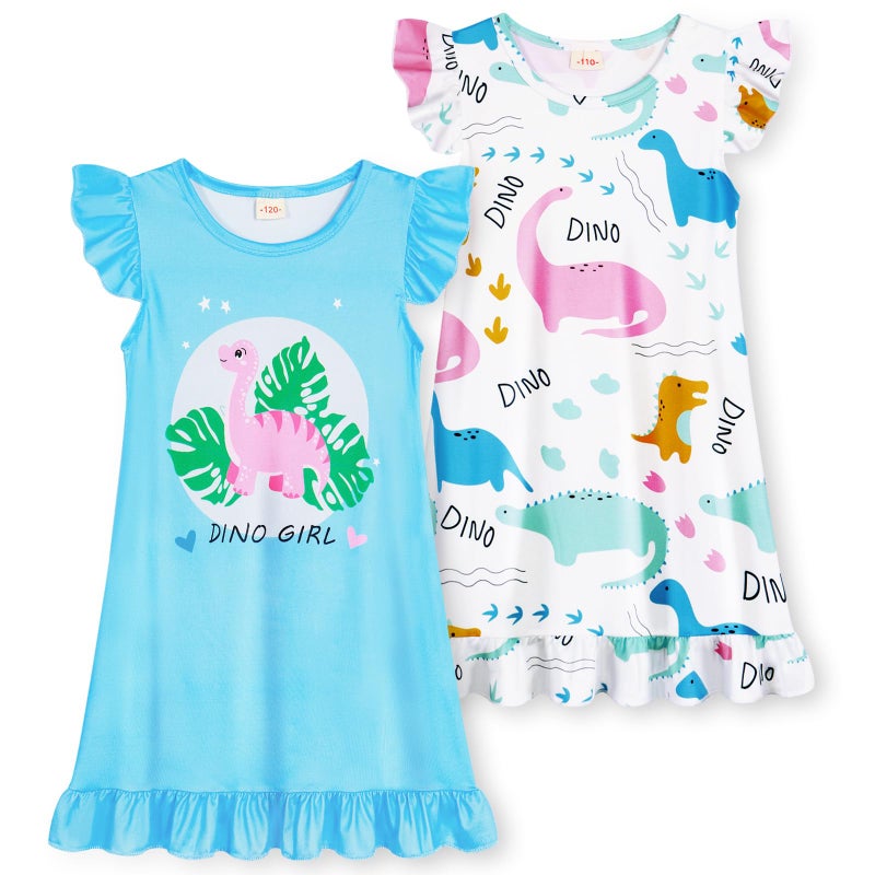 WonderBabe 2pcs Girls Nightgowns, Dinosaur Nightgown Princess Pajama Dresses for Kids Girls Sleepwear Nightie Size 3-4t - Image 1