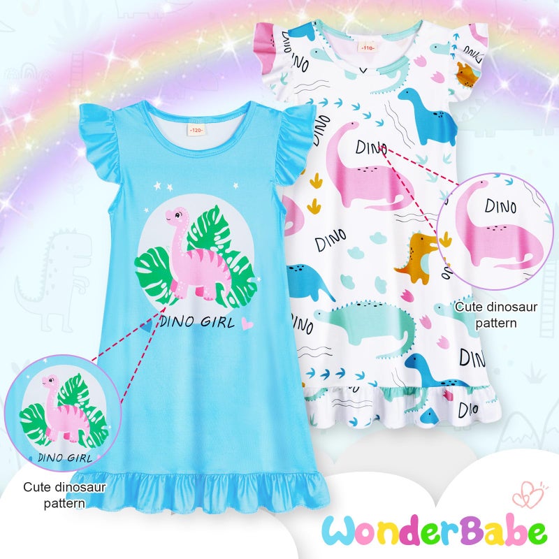 WonderBabe 2pcs Girls Nightgowns, Dinosaur Nightgown Princess Pajama Dresses for Kids Girls Sleepwear Nightie Size 3-4t - Image 3