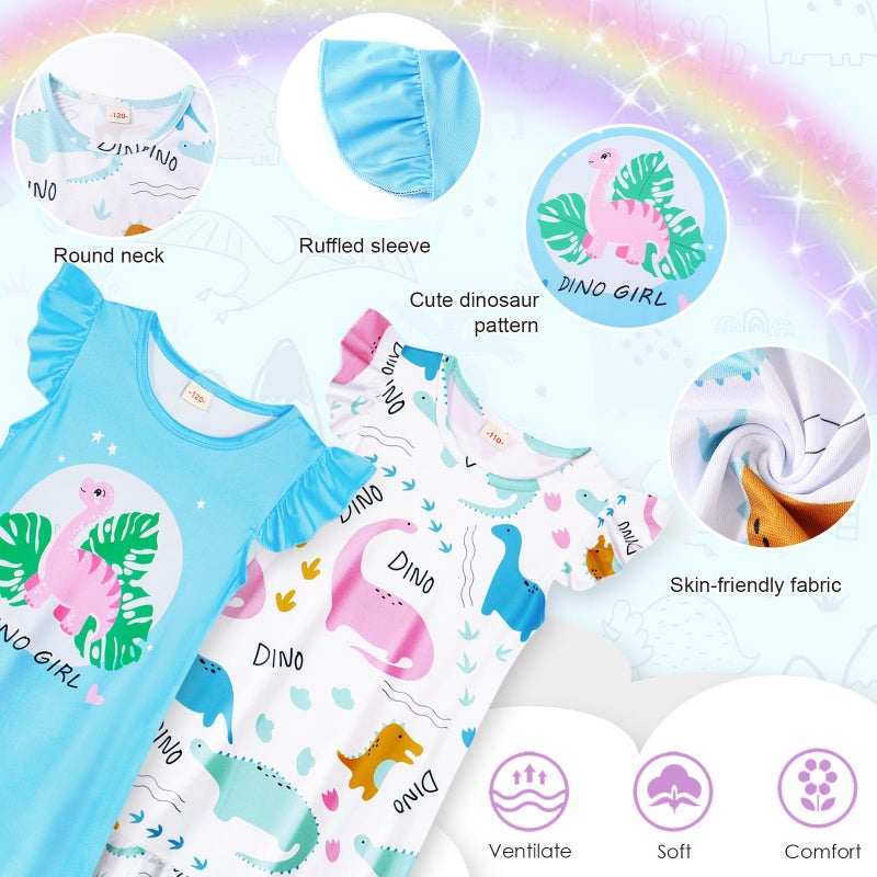 WonderBabe 2pcs Girls Nightgowns, Dinosaur Nightgown Princess Pajama Dresses for Kids Girls Sleepwear Nightie Size 3-4t - Image 2