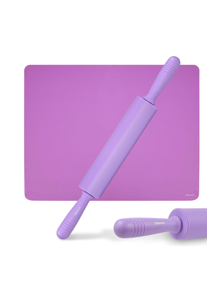Fissman Rolling Pin Purple 47cm and Silicone Baking Mat 50cm (Assorted Color) Set -  Baking Essential Tools, Food-Grade Silicone Material for Pizza, Pie, Pasta - Image 1