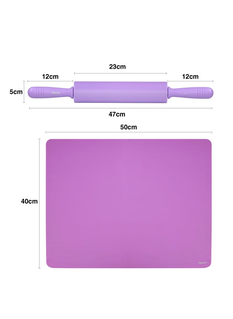Fissman Rolling Pin Purple 47cm and Silicone Baking Mat 50cm (Assorted Color) Set -  Baking Essential Tools, Food-Grade Silicone Material for Pizza, Pie, Pasta - Image 3