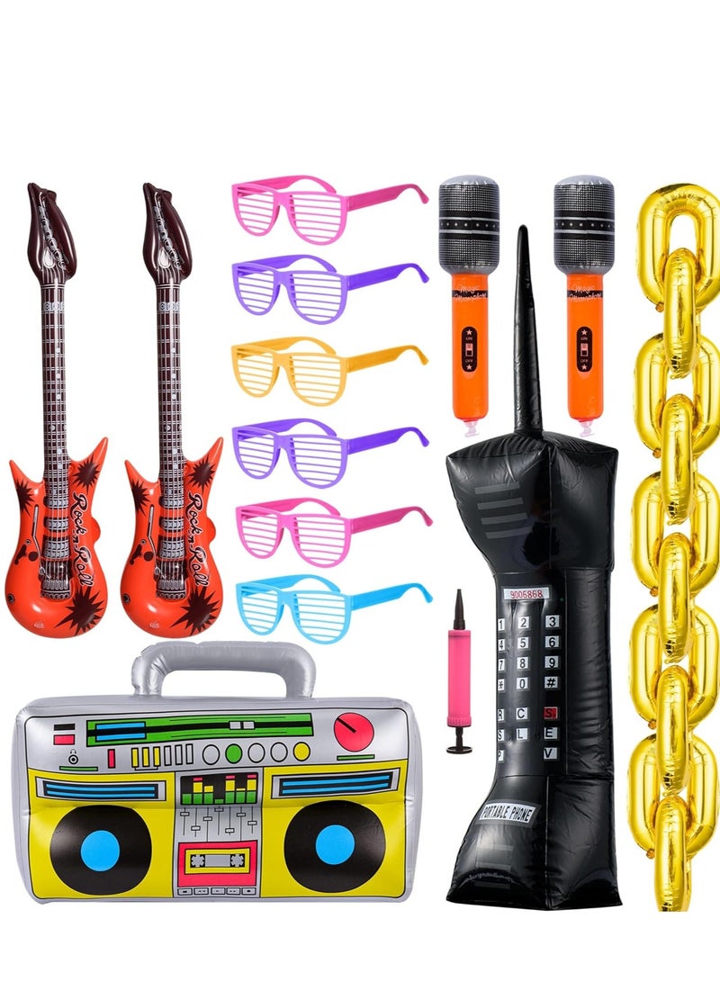 SYOSI طقم ألعاب نجم الروك القابل للنفخ، 33 قطعة من دعامات الحفلات راديو بومباكس هاتف محمول سلسلة ذهبية بالونات لتزيين حفلات الهيب هوب من الثمانينيات والتسعينيات - Image 1