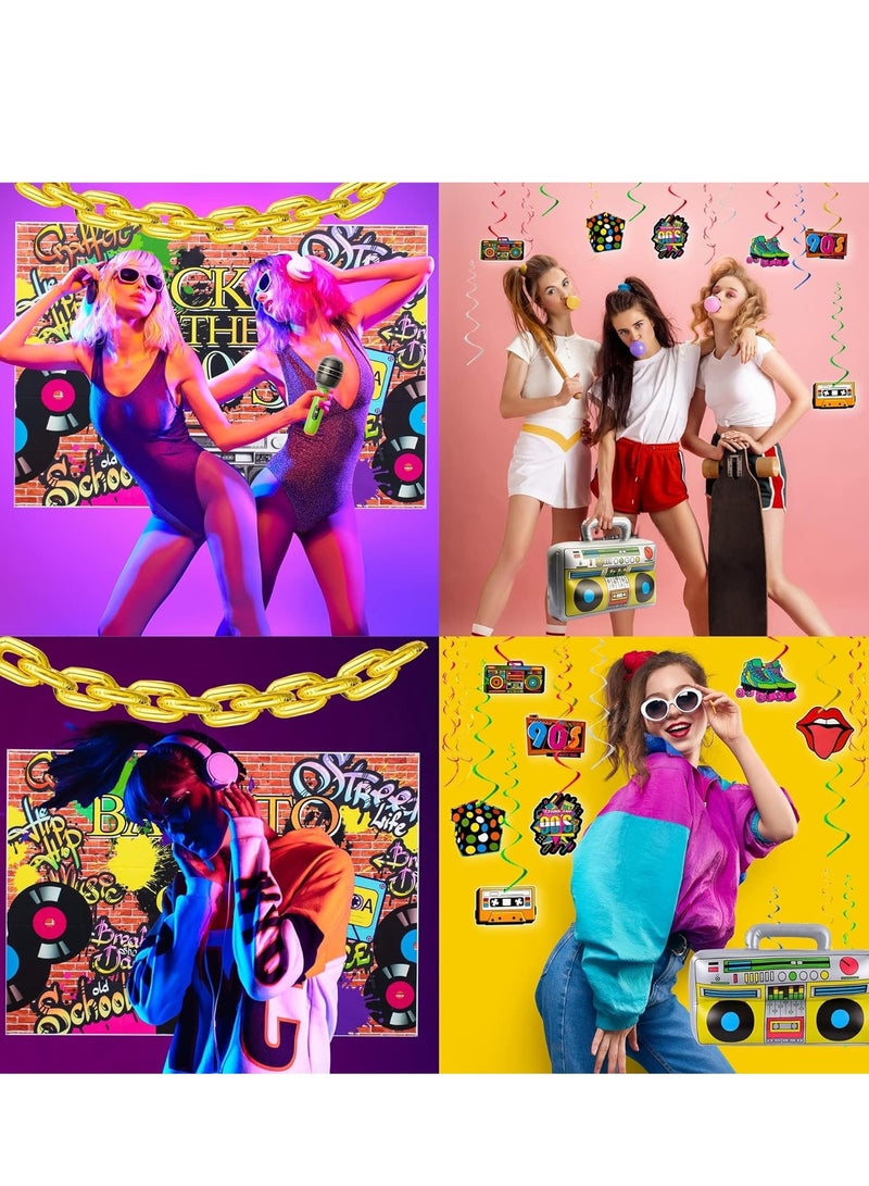 SYOSI طقم ألعاب نجم الروك القابل للنفخ، 33 قطعة من دعامات الحفلات راديو بومباكس هاتف محمول سلسلة ذهبية بالونات لتزيين حفلات الهيب هوب من الثمانينيات والتسعينيات - Image 2