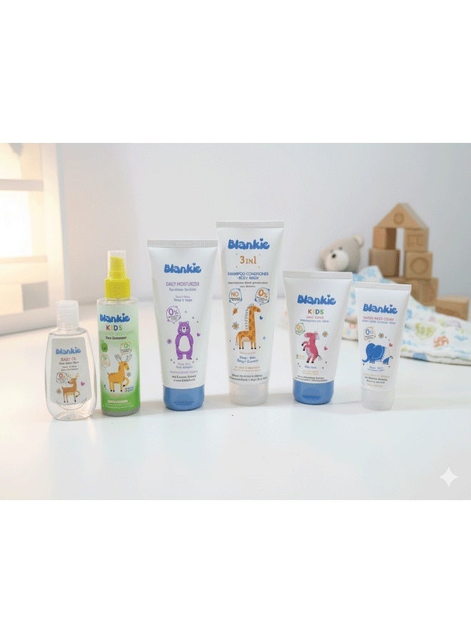 بلانكي مجموعة بلانكي الشاملة للعناية بالطفل 6 قطع: بلسم فك تشابك الشعر + كريم شعر + كريم الحفاضات + زيت الاسترخاء + 3 في 1 شامبو, بلسم, غسول للجسم - Image 2