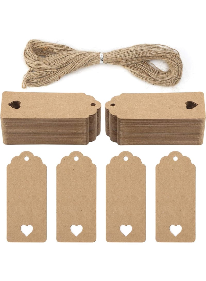 SOLARAE Kraft Paper Gift Tags, 100 Pack 1.18 x 2.2 Inches Brown Hanging Labels with Jute TWater String, Heart Cut Out Shape for Valentines, Wedding, Presents, DIY Crafts, Holiday, Birthdays - Image 1